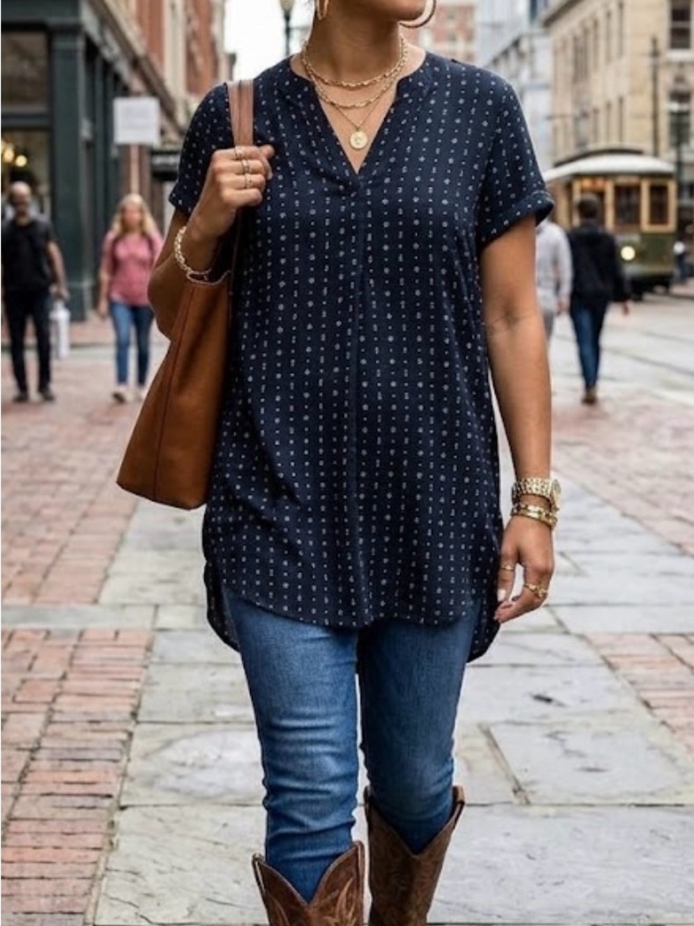 H&M Navy Short-Sleeve V-Neck Tunic with Micro Dot Print